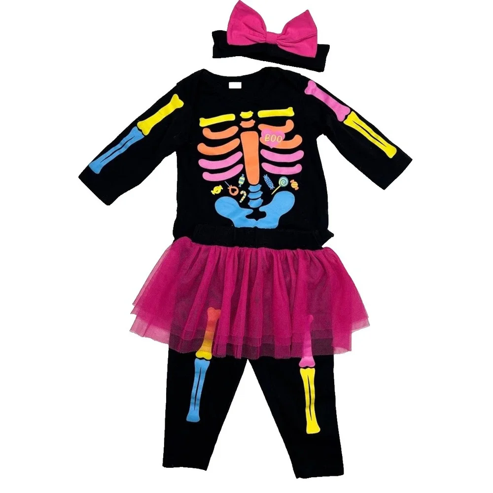 Baby Girl 6 9 12 Mos Halloween Skeleton Outfit Tulle‎ Pink Skirt Black Candy Bow